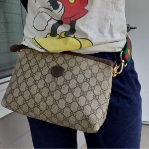 Gucci Beige Monogram Crossbody Bag with Brown Trim and Green-Red Web Strap